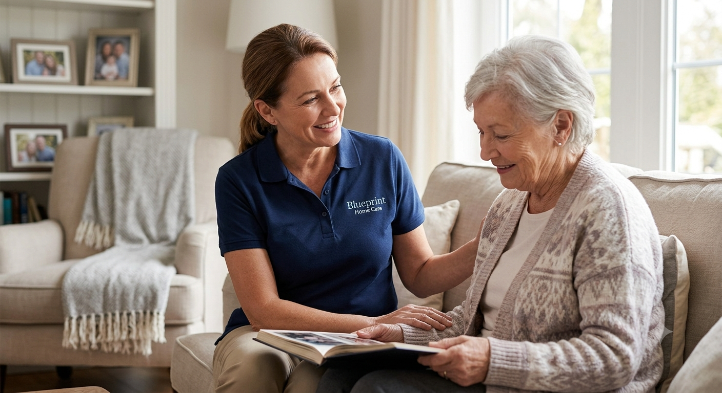 A Blueprint Home Care caregiver visiting with a client at home